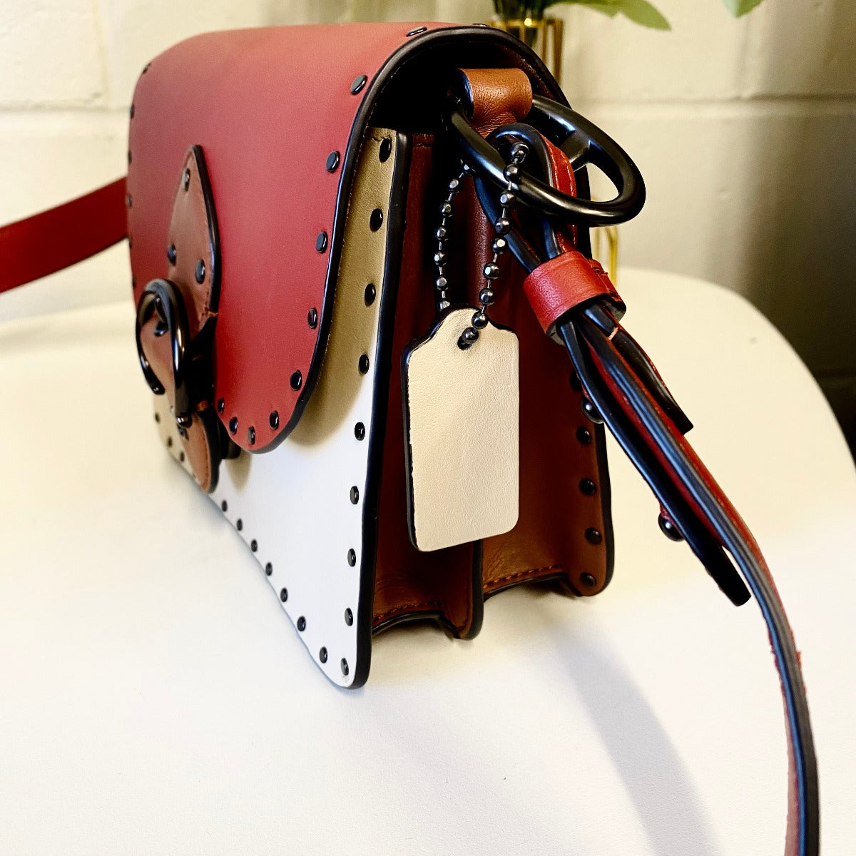 Coach C2661 Beat Shoulder Bag 18 In Colorblock With Rivets In Red Sand Ivory Multi Coach C2661 Beat Shoulder Bag 18 In Colorblock With Rivets In Red Sand Ivory Multi